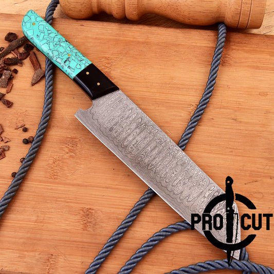 Pro Cut Soul Forge - Damascus Steel Full Tang Chef Knife with Turquoise Resin Handle