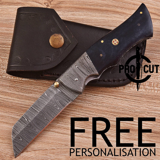 Pro Cut Handmade Damascus Steel Pocket Folding Knife with Dyed Camel Bone Handle
