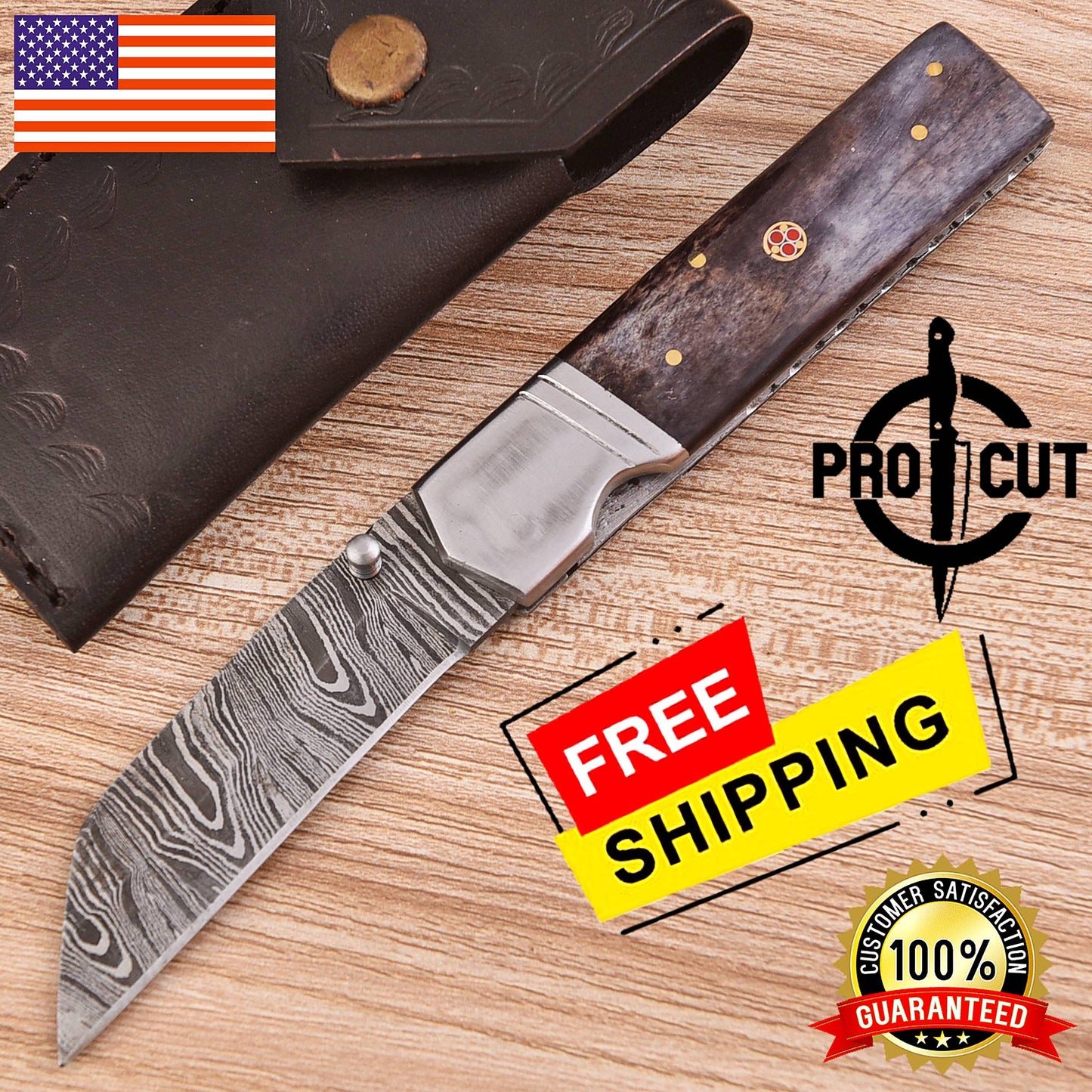 Pro Cut Handmade Damascus Steel Pocket Folding Knife with Dyed Camel Bone Handle