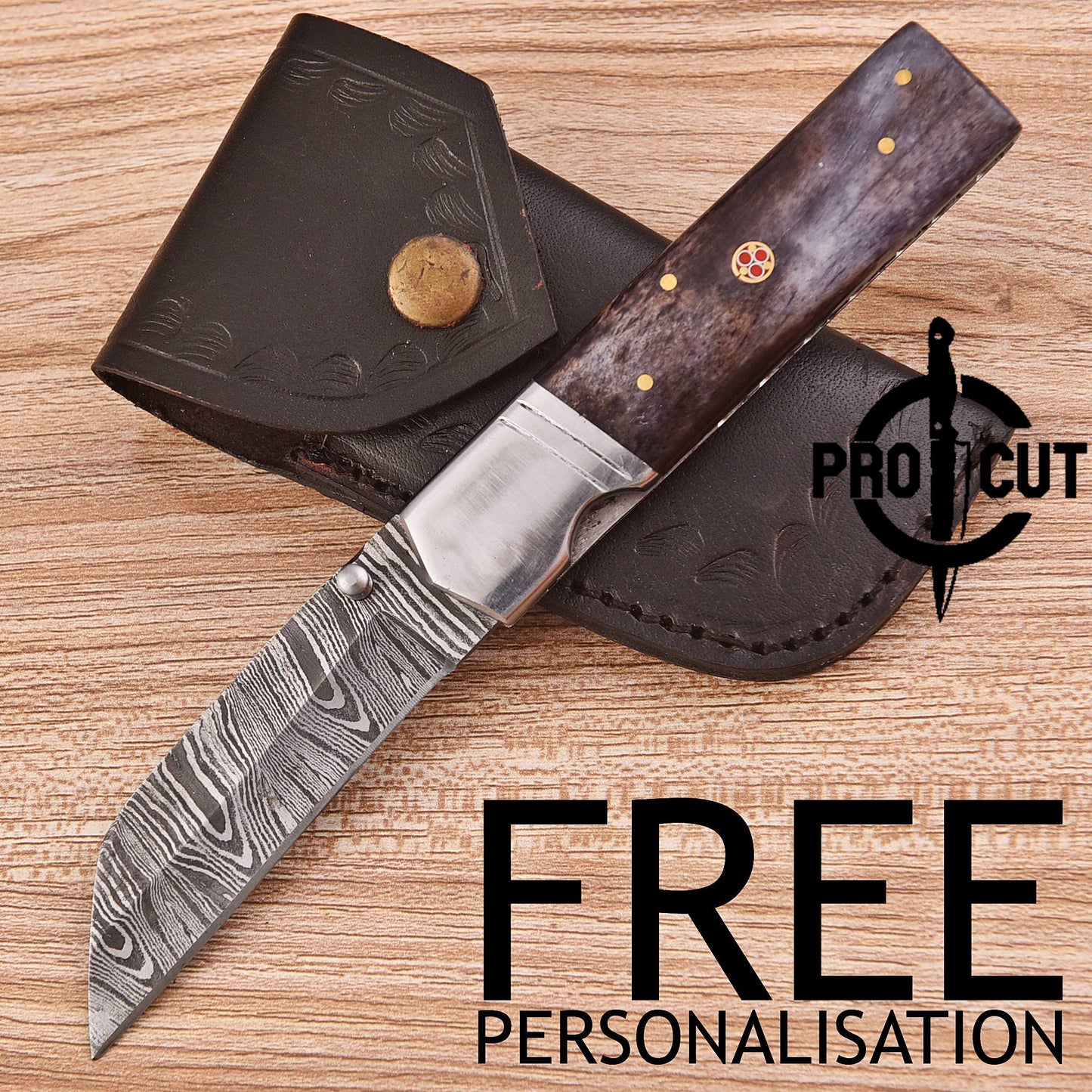 Pro Cut Handmade Damascus Steel Pocket Folding Knife with Dyed Camel Bone Handle