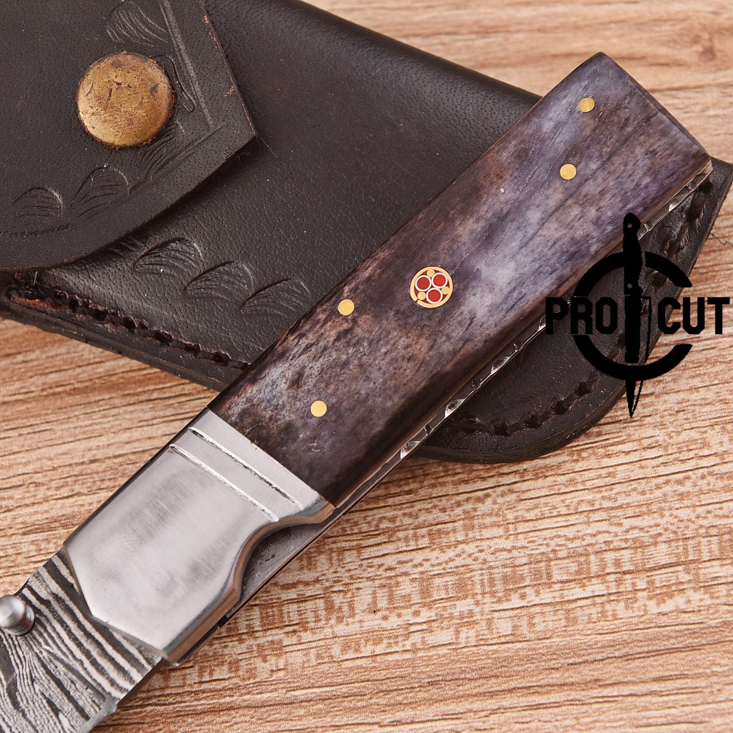 Pro Cut Handmade Damascus Steel Pocket Folding Knife with Dyed Camel Bone Handle