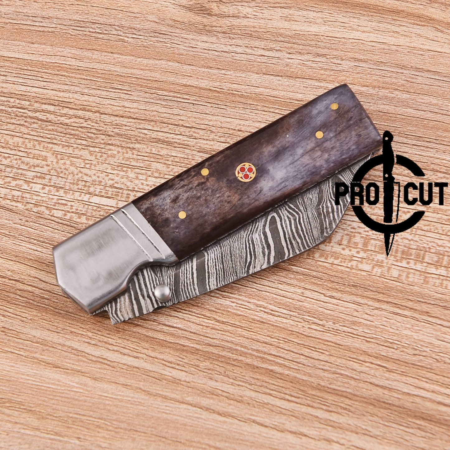 Pro Cut Handmade Damascus Steel Pocket Folding Knife with Dyed Camel Bone Handle