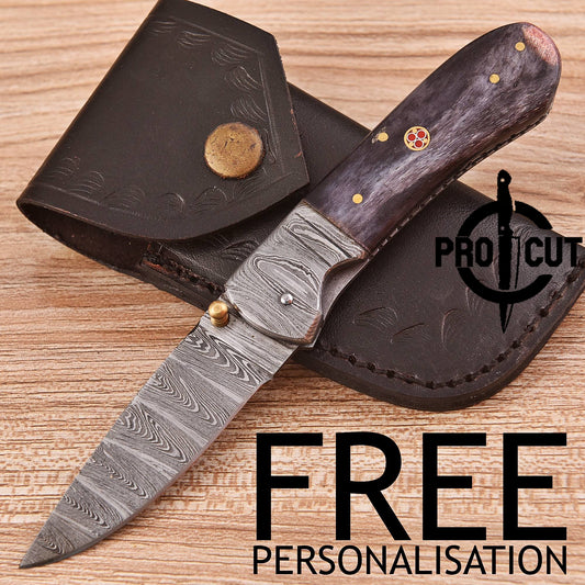 Pro Cut Handmade Damascus Steel Pocket Folding Knife with Dyed Camel Bone Handle