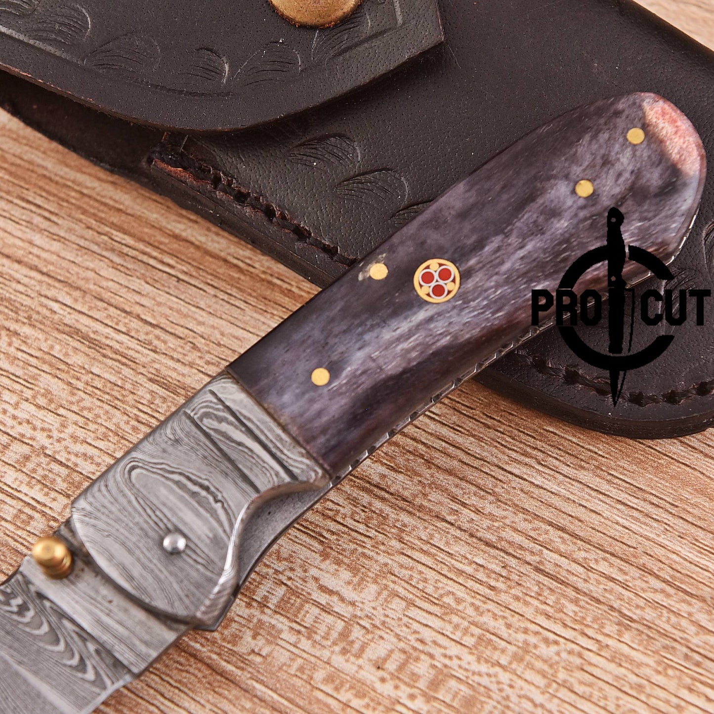 Pro Cut Handmade Damascus Steel Pocket Folding Knife with Dyed Camel Bone Handle