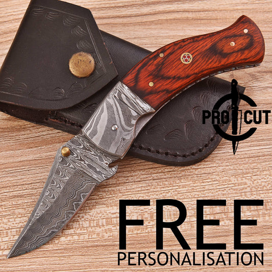 Pro Cut Handmade Damascus Steel Pocket Folding Knife with Dymond Wood Handle