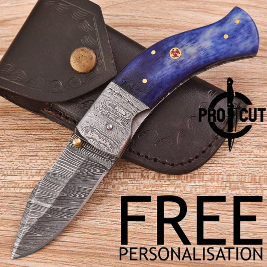 Pro Cut Handmade Damascus Steel Pocket Folding Knife with Camel Bone Handle