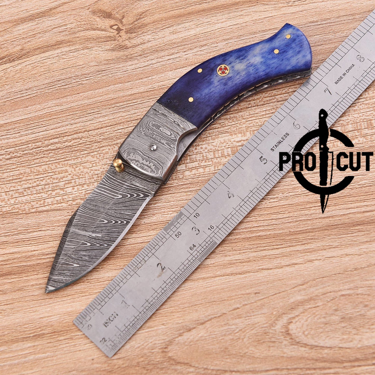 Pro Cut Handmade Damascus Steel Pocket Folding Knife with Camel Bone Handle
