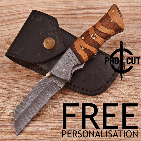Pro Cut Handmade Tanto Blade EDC Pocket Knife with Mosaic Wood Handle