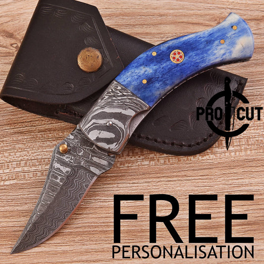 Pro Cut Hand Forged Damascus Steel Folding Pocket Knife with Camel Bone Handle