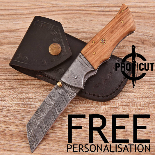 Pro Cut Tanto Blade Hand Forged Foldable Pocket EDC Knife with Olive Burl Handle