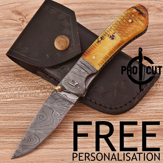 Pro Cut Every Day Carry Drop Point Damascus Steel Folding Knife with Camel Bone Handle