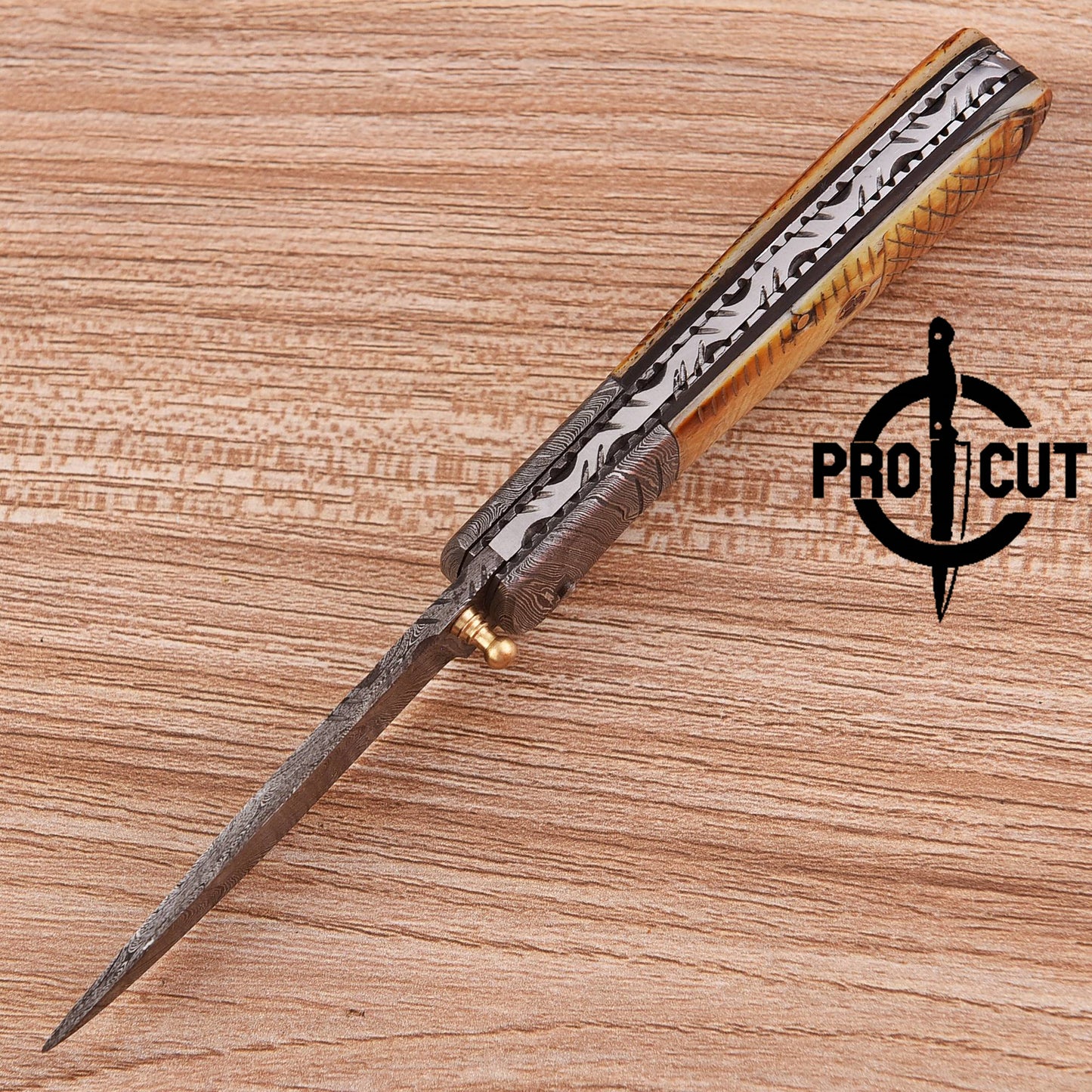 Pro Cut Every Day Carry Drop Point Damascus Steel Folding Knife with Camel Bone Handle