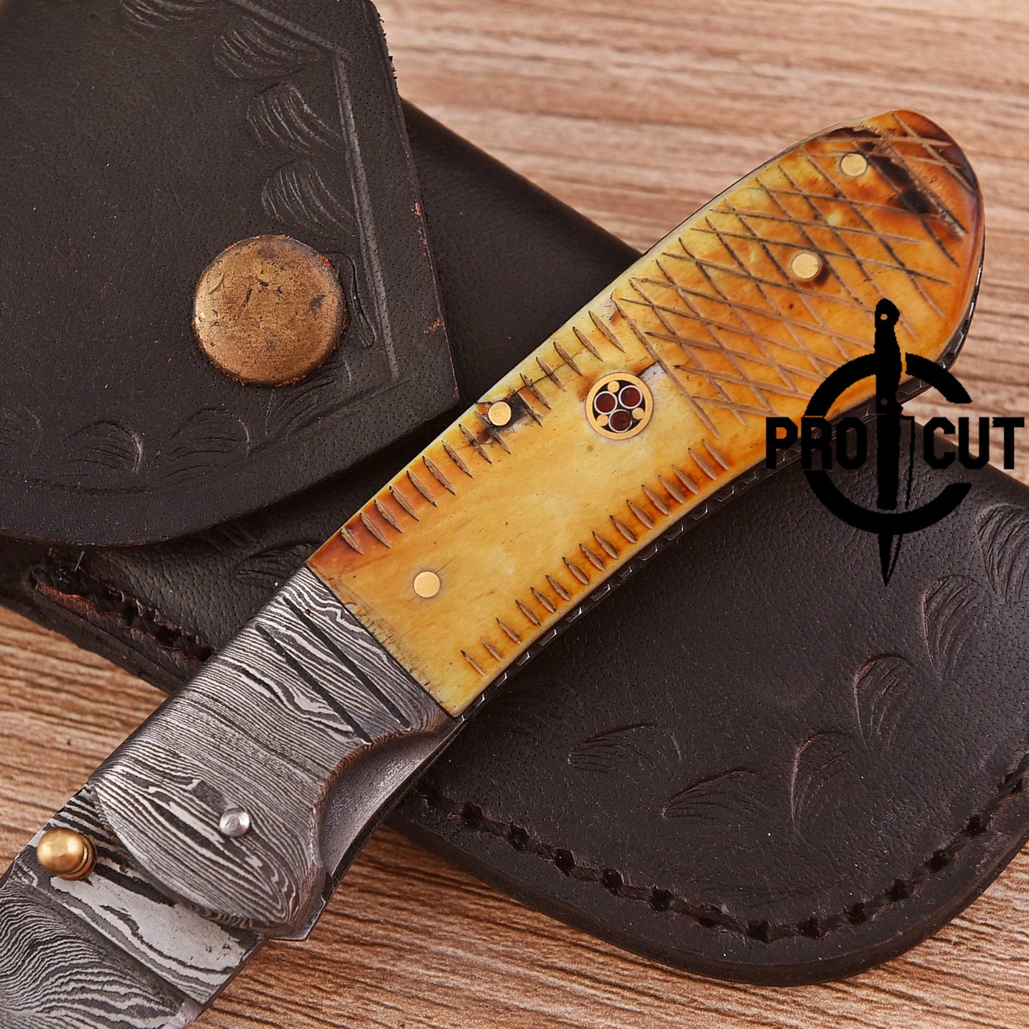 Pro Cut Every Day Carry Drop Point Damascus Steel Folding Knife with Camel Bone Handle