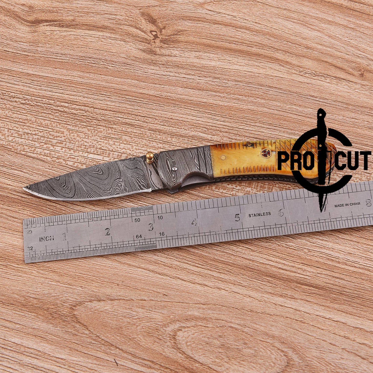 Pro Cut Every Day Carry Drop Point Damascus Steel Folding Knife with Camel Bone Handle