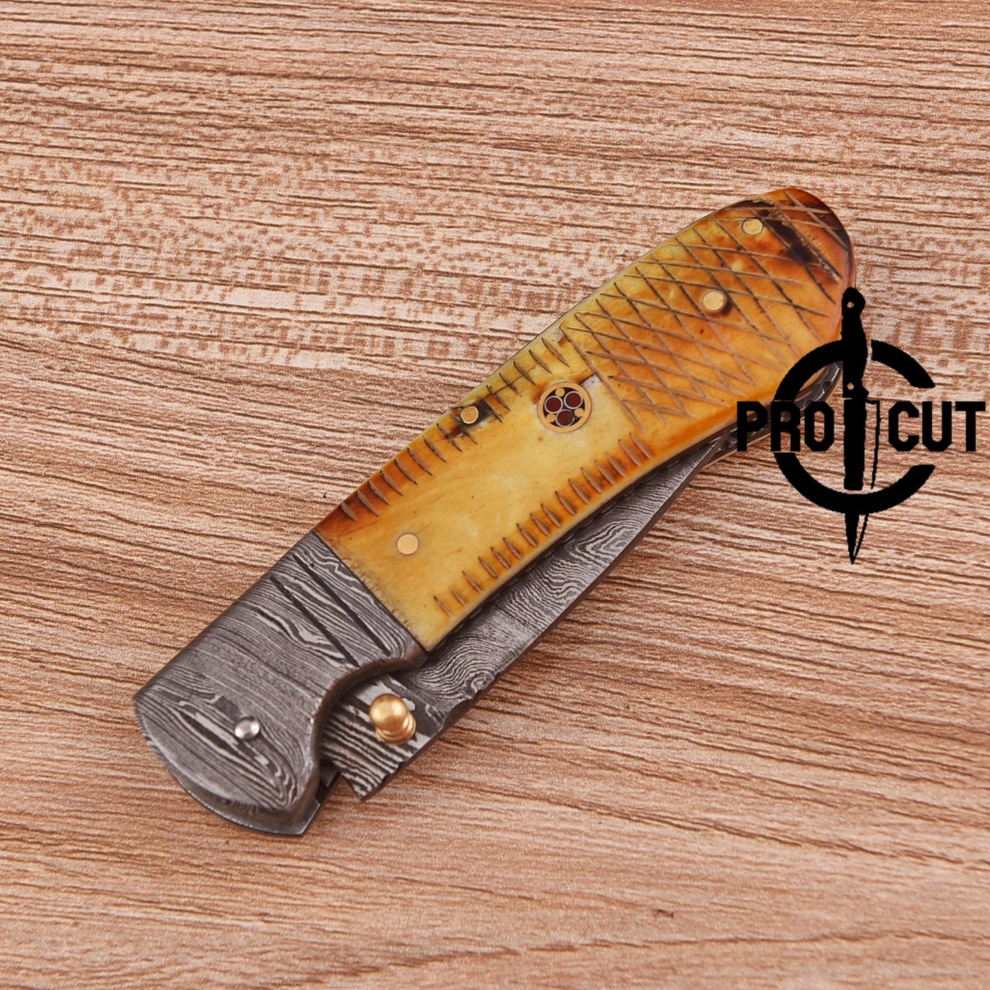 Pro Cut Every Day Carry Drop Point Damascus Steel Folding Knife with Camel Bone Handle
