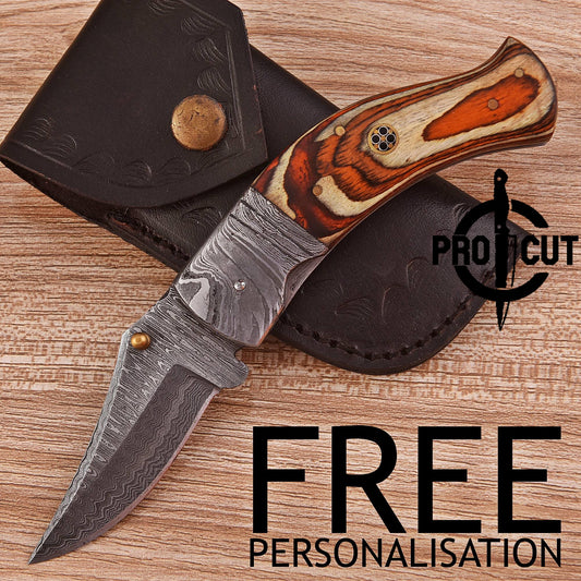 Pro Cut Hand Forged Damascus Steel Personalized Folding Knife with Stabilized Wood Handle