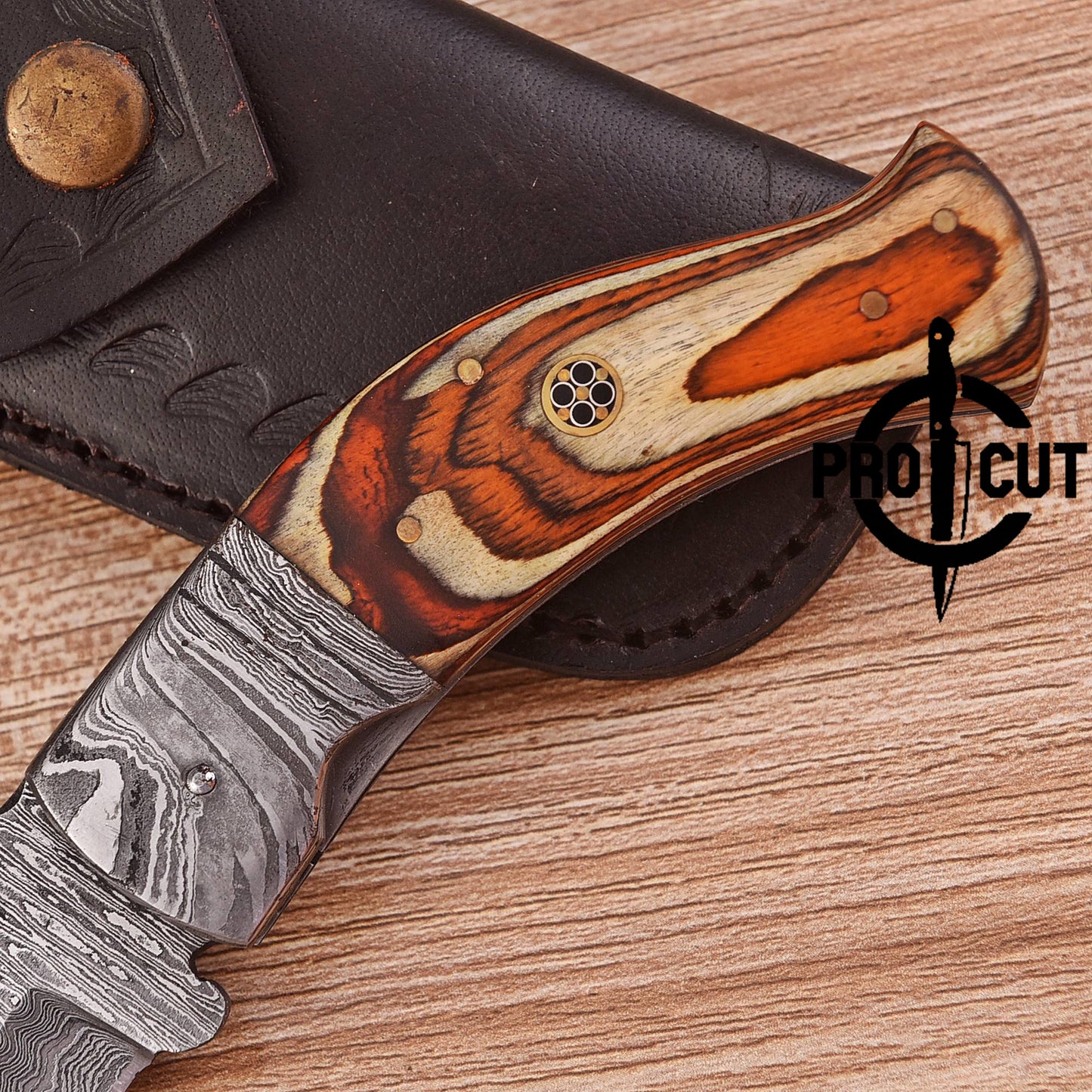 Pro Cut Hand Forged Damascus Steel Personalized Folding Knife with Stabilized Wood Handle