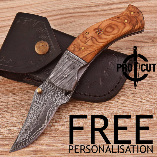 Pro Cut Handmade Damascus Steel Folding Pocket EDC Knife with Olive Burl handle