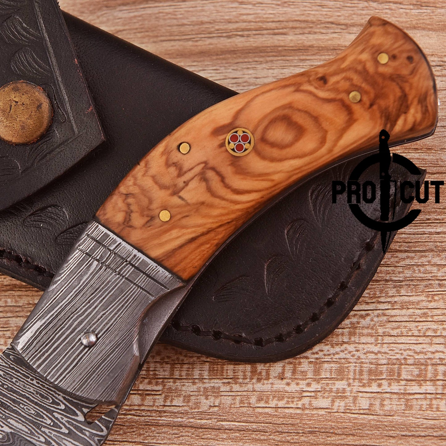 Pro Cut Handmade Damascus Steel Folding Pocket EDC Knife with Olive Burl handle