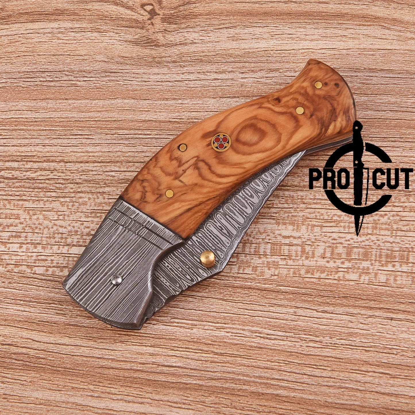 Pro Cut Handmade Damascus Steel Folding Pocket EDC Knife with Olive Burl handle