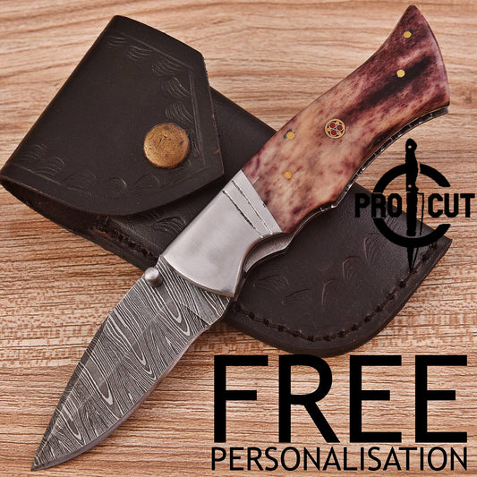 Pro Cut Handmade Damascus steel Folding Pocket knife with Dyed Camel Bone Handle