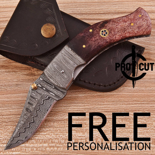 Pro Cut Drop Point Damascus Steel Folding Knife - Every Day Carry Pocket Knife