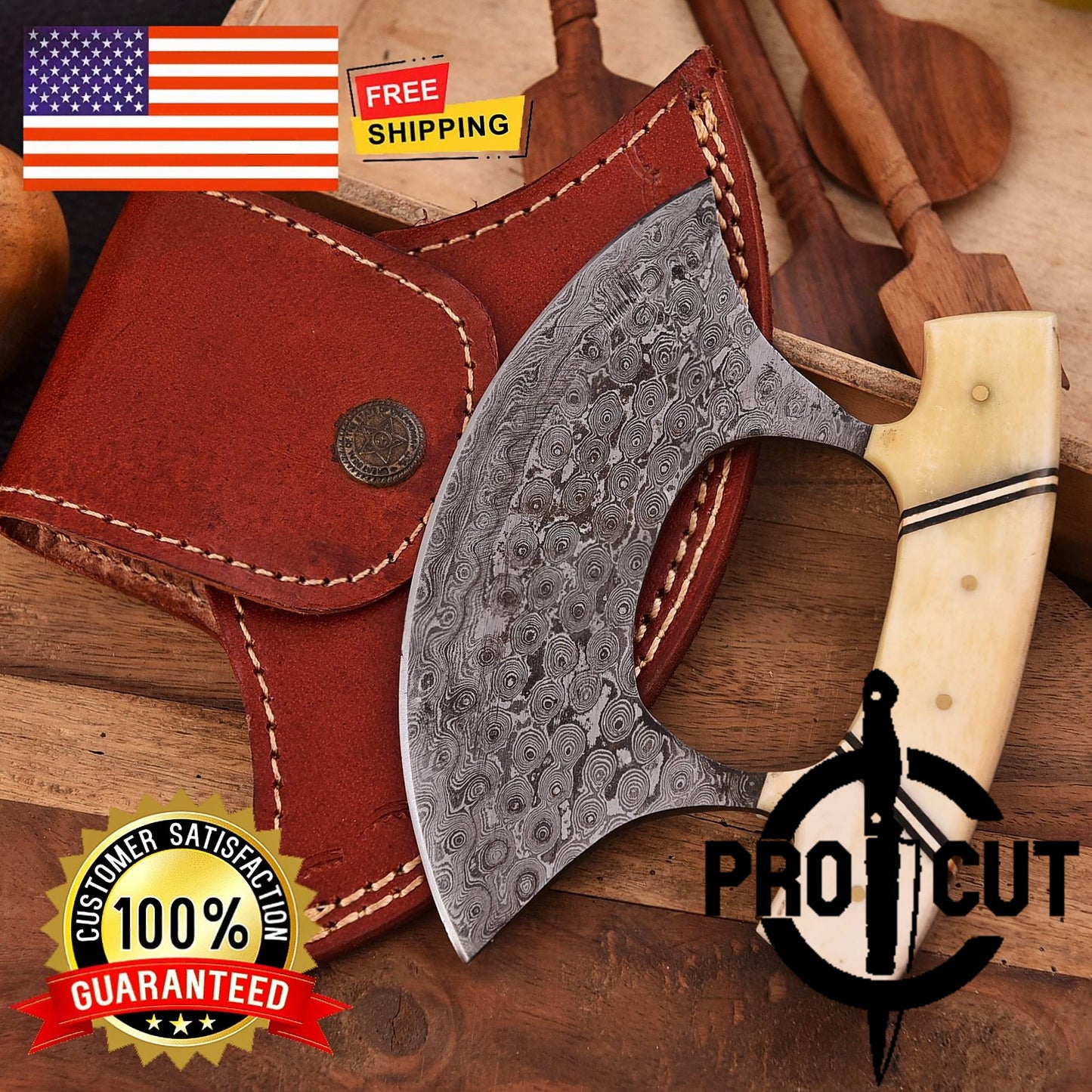 Pro Cut Shadow Wave - Damascus Steel Ulu Knife with Bone Handle