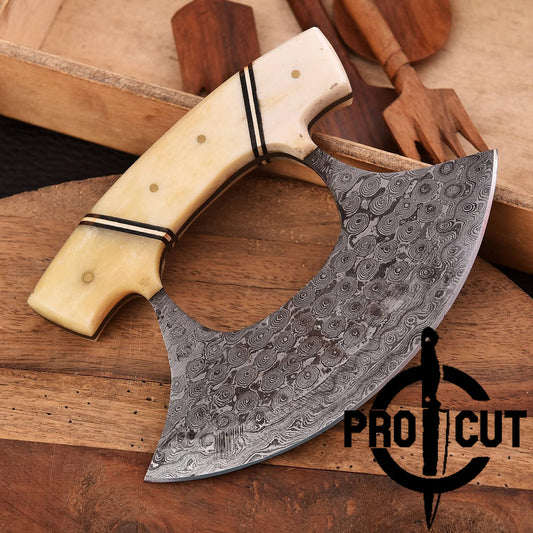 Pro Cut Shadow Wave - Damascus Steel Ulu Knife with Bone Handle