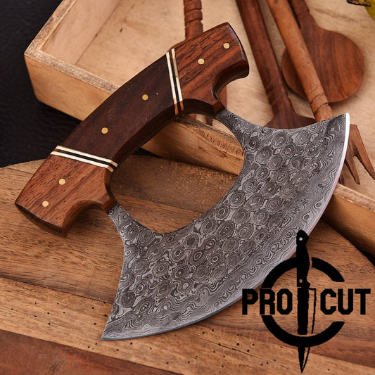 Pro Cut Shadow Wave - Hand Forged Damascus Steel Full Tang Ulu Chef Knife with Sheath