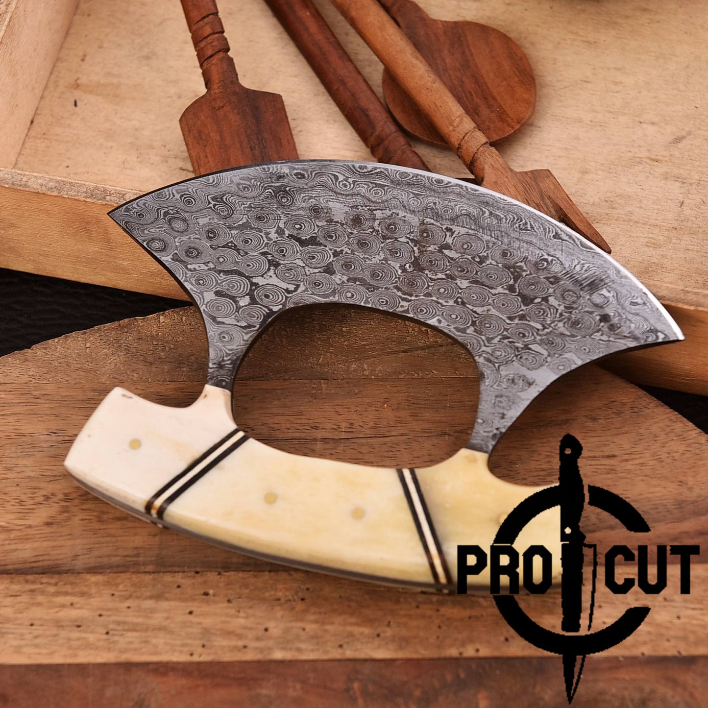 Pro Cut Shadow Wave - Damascus Steel Ulu Knife with Bone Handle