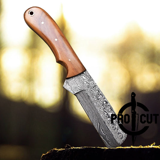 Pro Cut Damascus Steel Cowboy Bull Cutter with Olive Burl Handle & Horizontal Carry Sheath