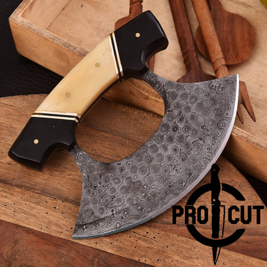 Pro Cut Shadow Wave - Damascus Steel Full Tang Alaskan Ulu Knife with Sheath
