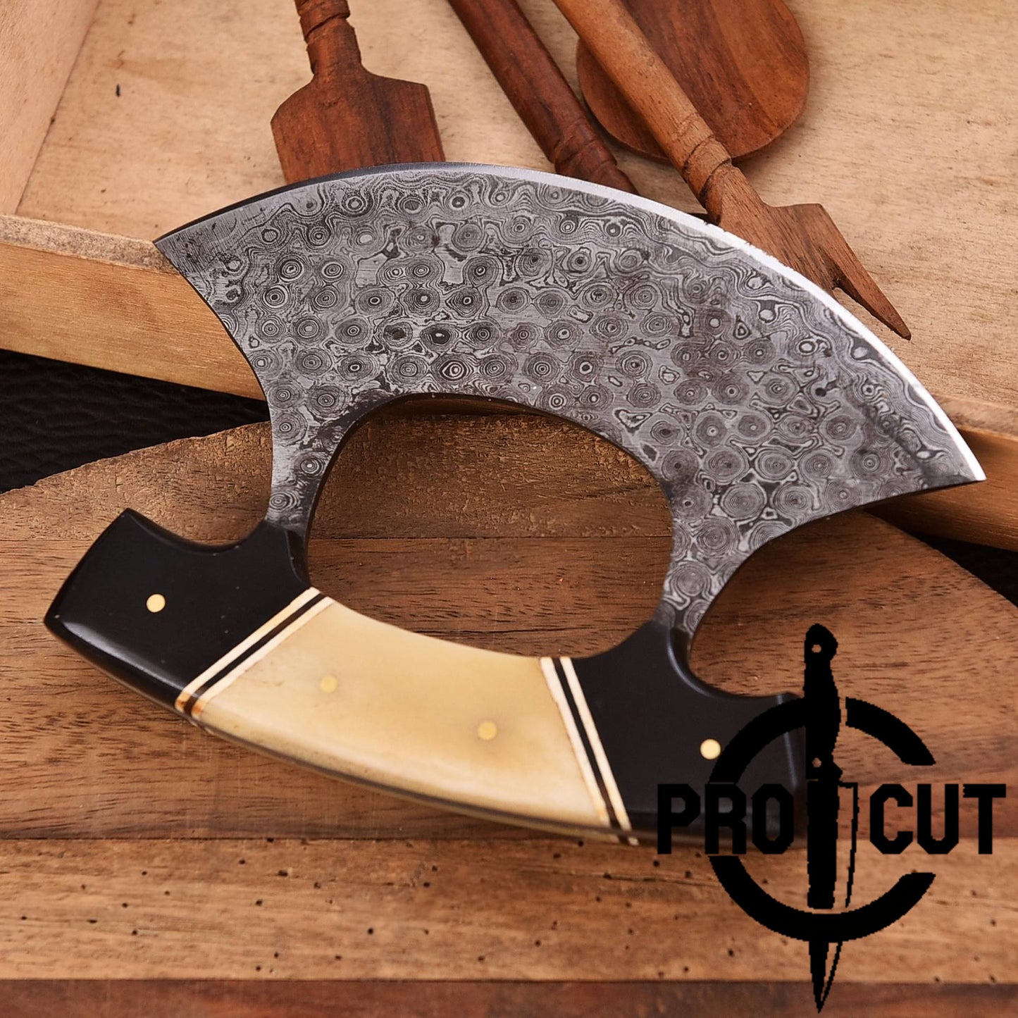 Pro Cut Shadow Wave - Damascus Steel Full Tang Alaskan Ulu Knife with Sheath