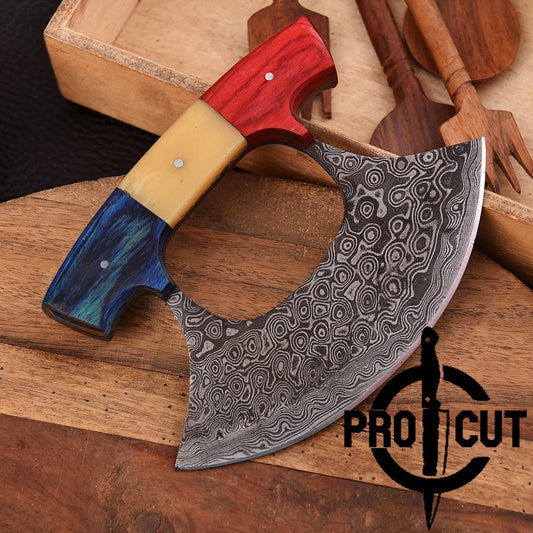 Pro Cut Shadow Wave - Damascus Steel Full Tang Handmade Ulu Chef Knife with Sheath
