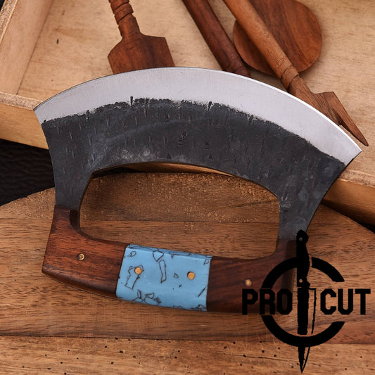 Pro Cut Shadow Wave - Hand Forged D2 Steel Ulu Knife with Rosewood & Turquoise Resin Handle