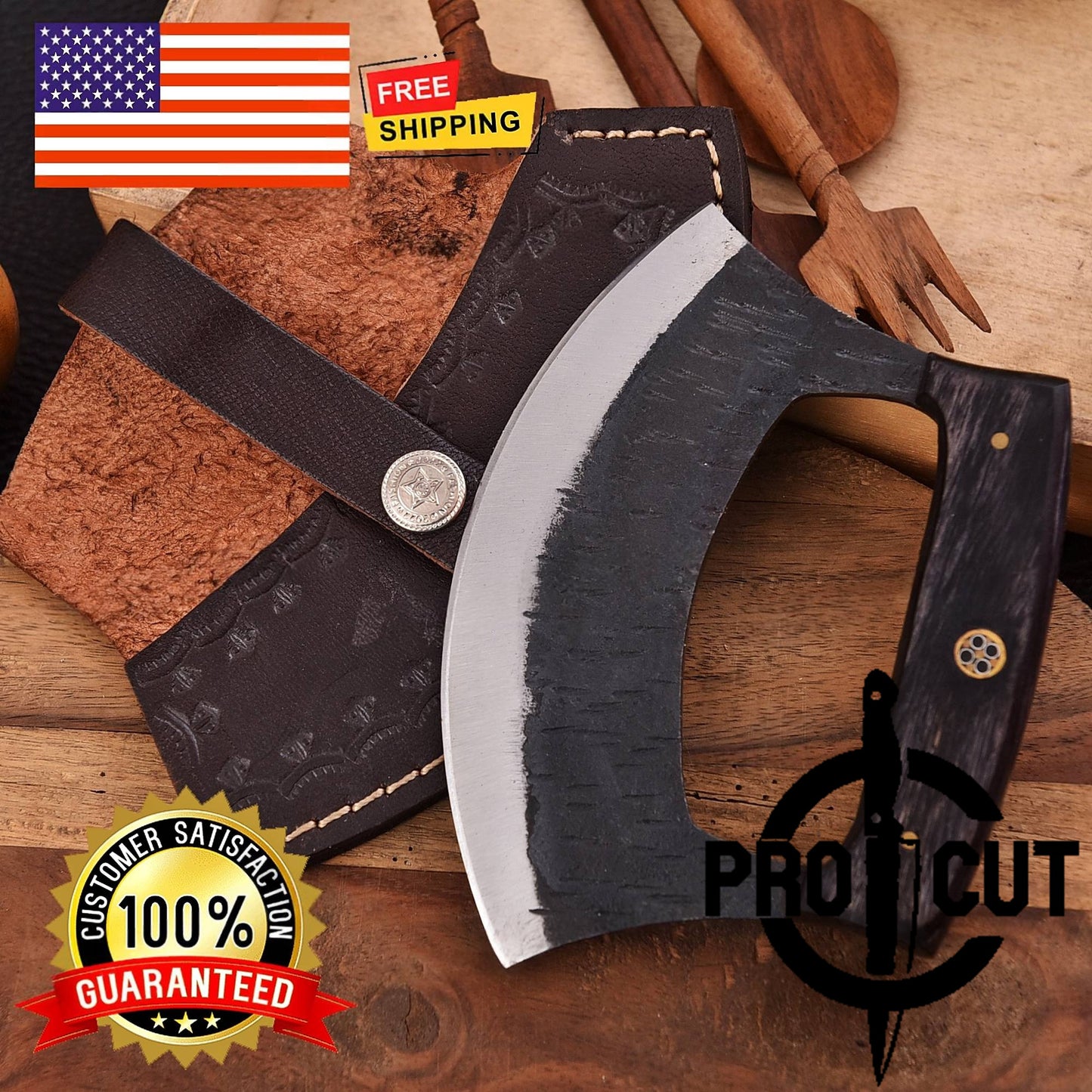 Pro Cut Shadow Wave - Hand Forged D2 Steel Ulu Knife with Black Wood Handle