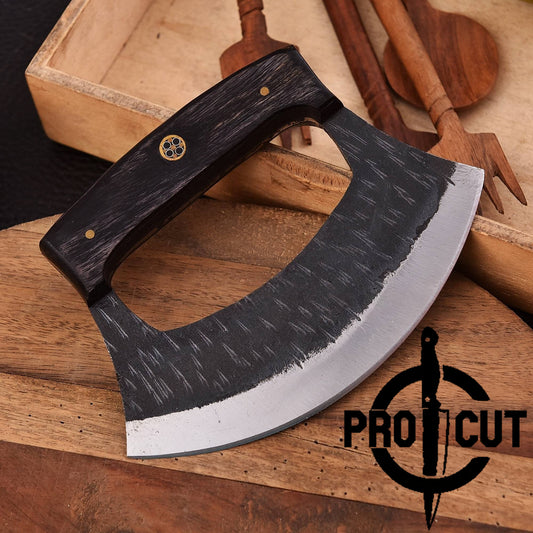 Pro Cut Shadow Wave - Hand Forged D2 Steel Ulu Knife with Black Wood Handle