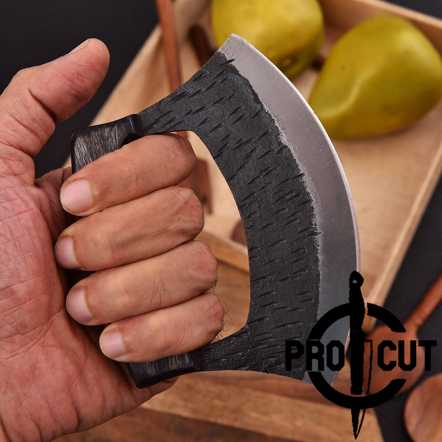 Pro Cut Shadow Wave - Hand Forged D2 Steel Ulu Knife with Black Wood Handle