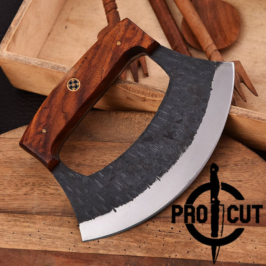 Pro Cut Shadow Wave - Hand Forged D2 Steel Ulu Knife with Rosewood Handle