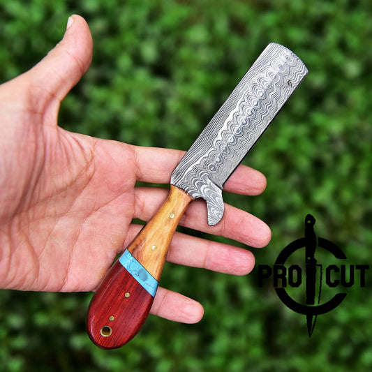 Pro Cut Damascus Steel Fixed Blade Bull Cutter Rasp Knife with Pancake Sheath, Full Tang Hunting Knife