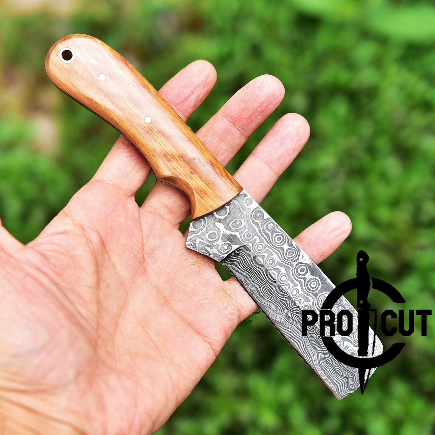 Pro Cut Damascus Steel Cowboy Bull Cutter with Olive Burl Handle & Horizontal Carry Sheath