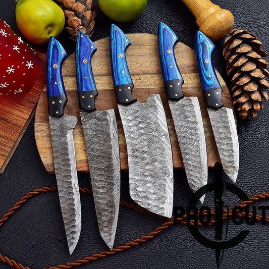 Pro Cut Forge Heart Damascus Steel Chef Set - Blue Wood Handle