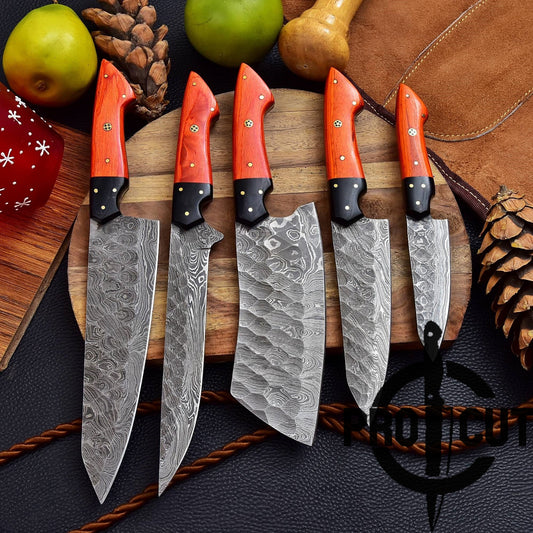 Pro Cut Forge Heart Damascus Steel Chef Set - Orange Wood Handle