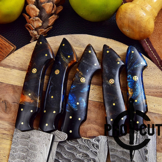 Pro Cut Forge Heart Damascus Steel Chef Set - Brown Epoxy Resin Handle