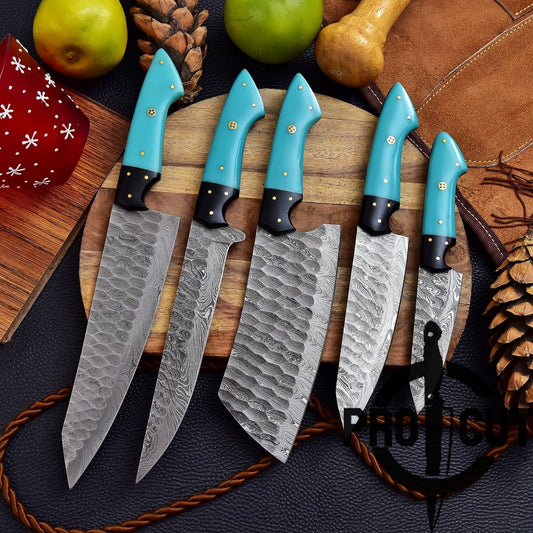 Pro Cut Forge Heart Damascus Steel Chef Set - Blue Resin Handle