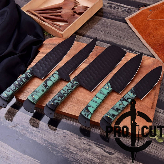 Pro Cut Obsidian Cut - Handmade Stainless Steel Chef Knives Set with Epoxy Resin Handle