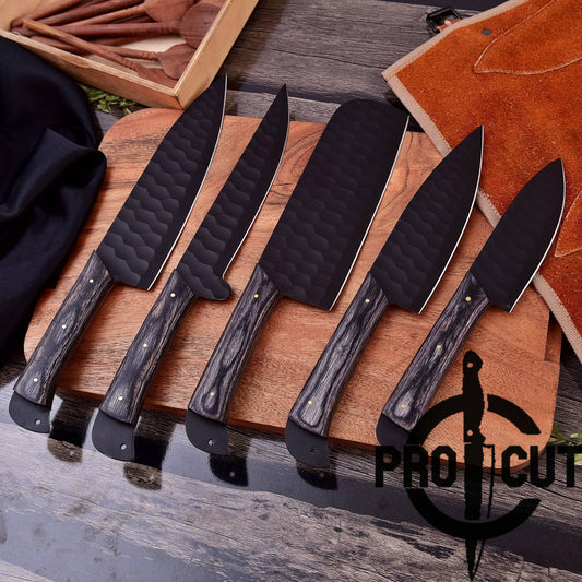 Pro Cut Obsidian Cut - Handmade Stainless Steel Kitchen Knife Set with Black Wood Handle
