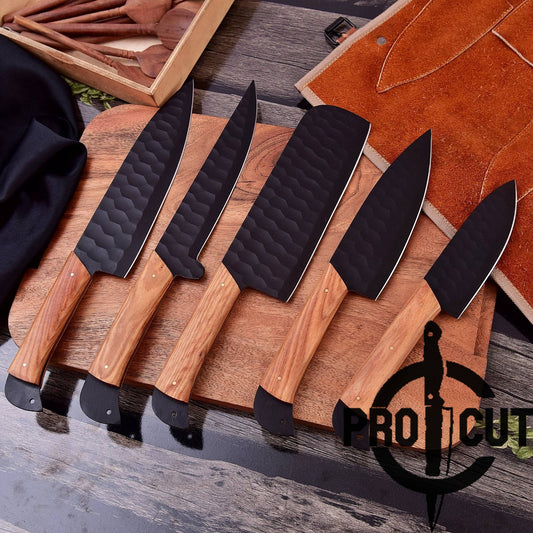 Pro Cut Obsidian Cut - Hand Forged Black Kitchen Knives Set with Olive Wood Handle