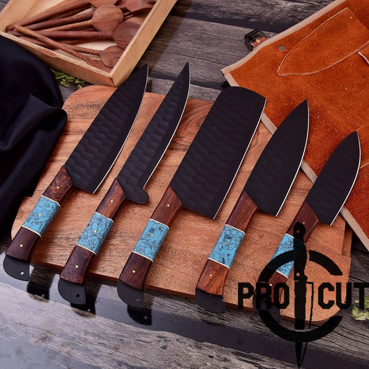 Pro Cut Obsidian Cut - Handmade Chef Set with Rosewood & Turquoise Resin Handle