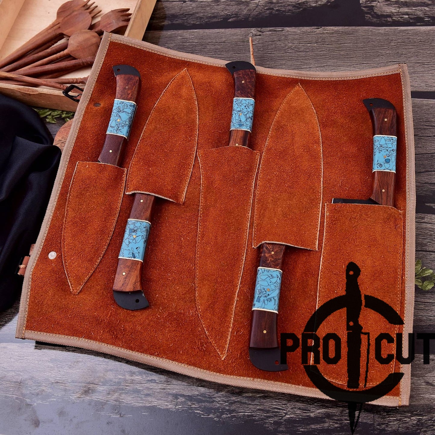 Pro Cut Obsidian Cut - Handmade Chef Set with Rosewood & Turquoise Resin Handle